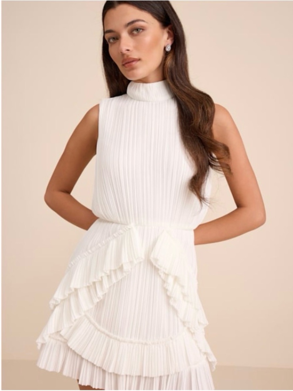 Lulu's Cream Pleated High-Neck Ruffle Mini Dress
